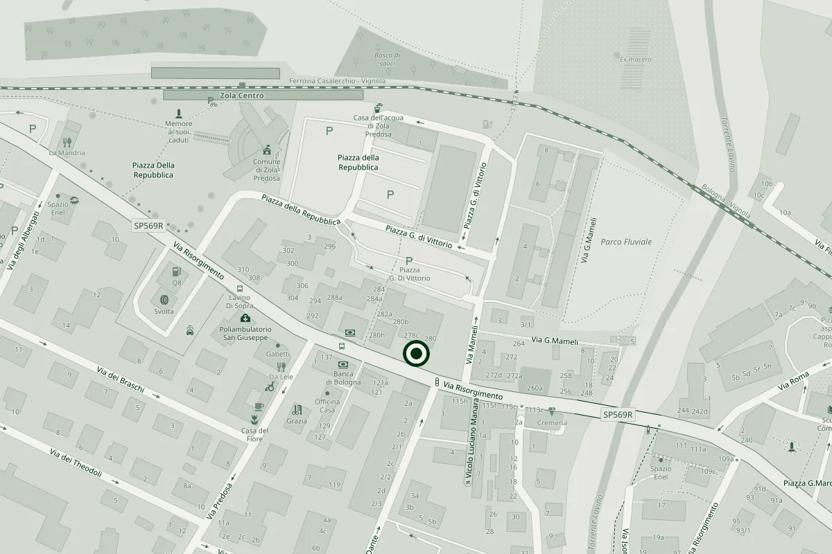 Mappa del centro di Zola Predosa con il negozio in via Risorgimento 278, vicino alla fermata dell'autobus Lavino di Sopra, a piazza G. di Vittorio e alla stazione Zola Centro. Apre le indicazioni su Google Maps.